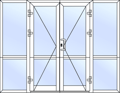 Дверь алюминиевая четырехстворчатая с двумя рабочими створками